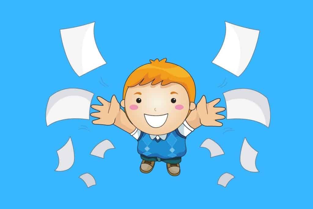 Cartoon graphic of a boy throwing paper into the air while looking up on a blue background.