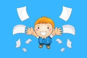 Cartoon graphic of a boy throwing paper into the air while looking up on a blue background.