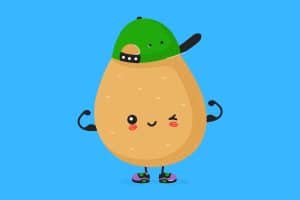 Cartoon graphic of a potato winking and wearing a backwards green hat on a blue background.
