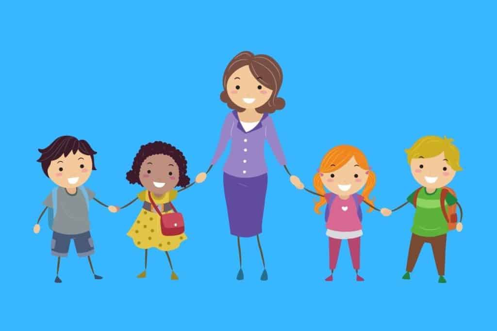Cartoon graphic of students and teacher holding hands in a line on a blue background.
