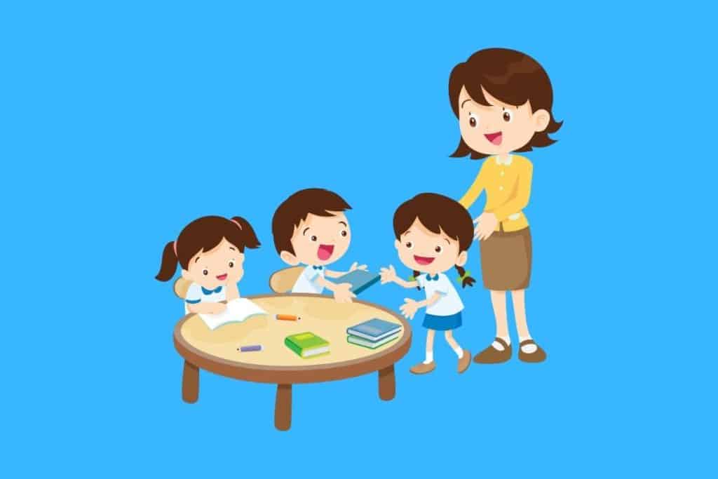 Cartoon graphic of a teacher and students sitting at a table on a blue background.