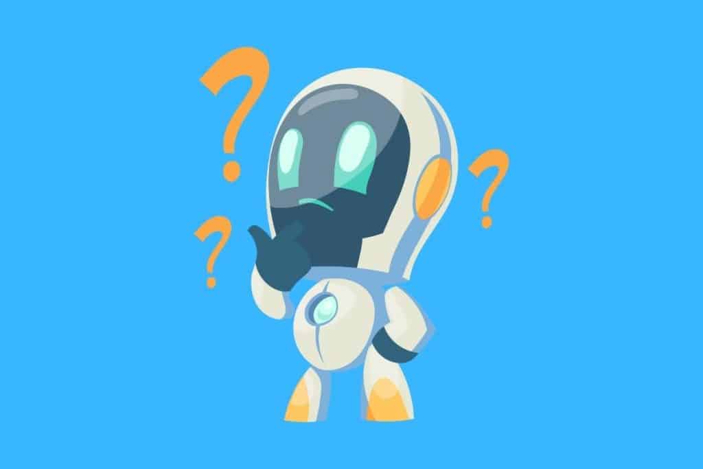 Cartoon graphic of a robot with question marks around its head on a blue background.