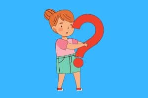 Cartoon graphic of a woman holding a large red question mark on a blue background.