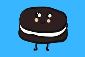 Cartoon graphic of a standing and smiling oreo cookie on a blue background.