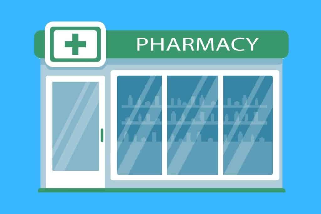 Cartoon graphic of a pharmacy store with a green sign on a blue background.