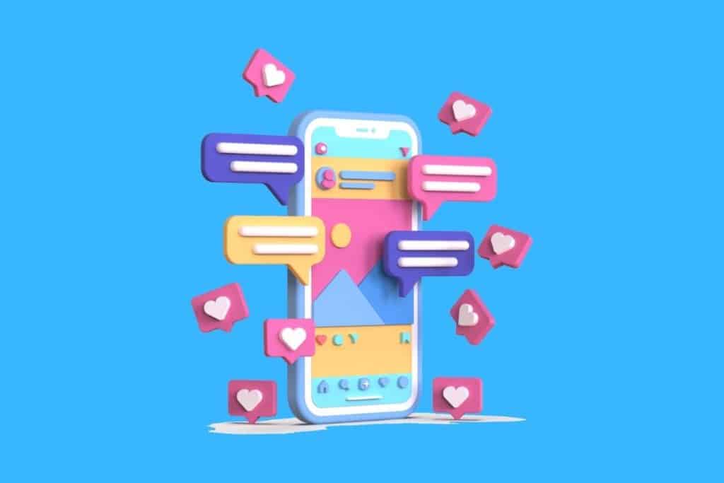 Cartoon graphic of a cell phone with pop-ups and love hearts coming out side of the phone on a blue background.