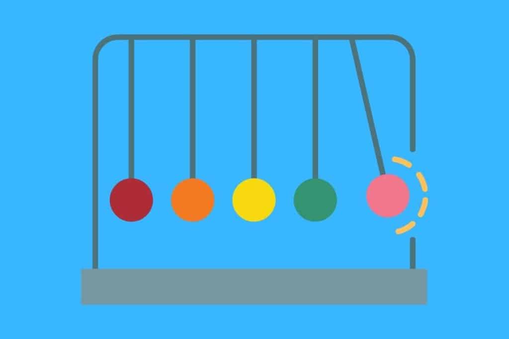 Cartoon graphic of physics balls hitting each other on a string on a blue background.
