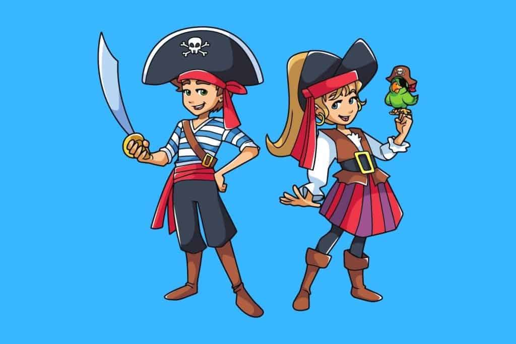 Cartoon graphic of a young boy and girl pirate on a blue background.