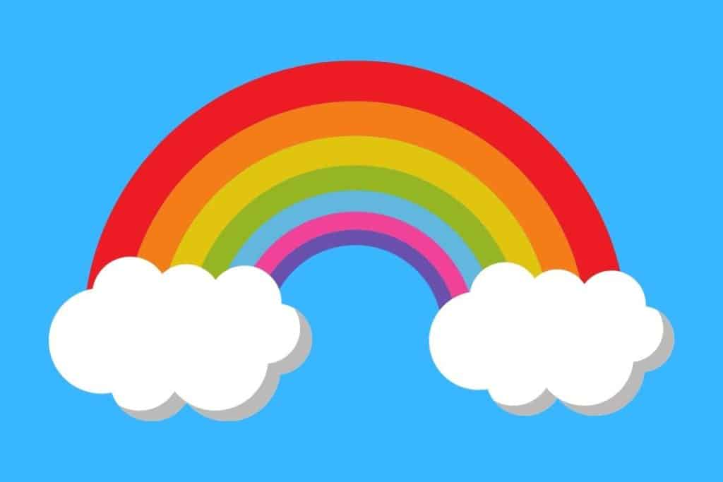 Cartoon graphic of a rainbow with each end ending on a cloud on a blue background.