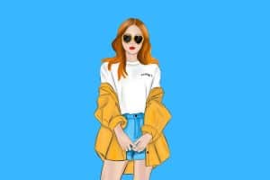 Cartoon graphic of a woman with jacket one put not over shoulders on a blue background.