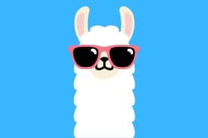 Cartoon graphic of a llama head wearing sunglasses on a blue background.
