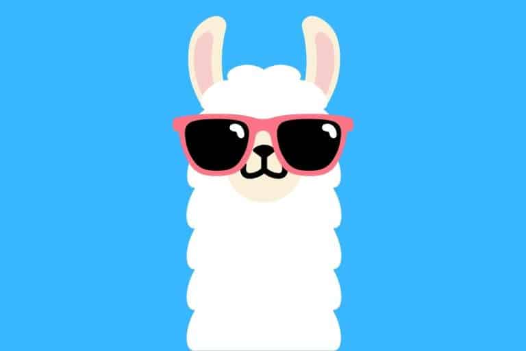 Cartoon graphic of a llama head wearing sunglasses on a blue background.