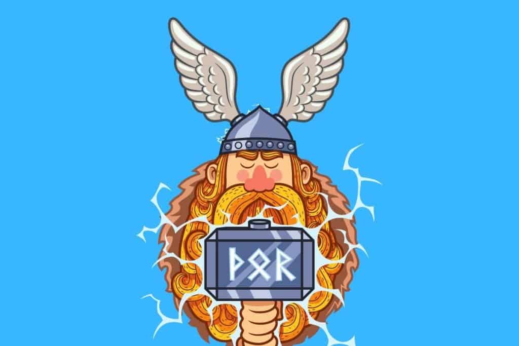 Cartoon graphic of marvel thor character holding hammer on a blue background.