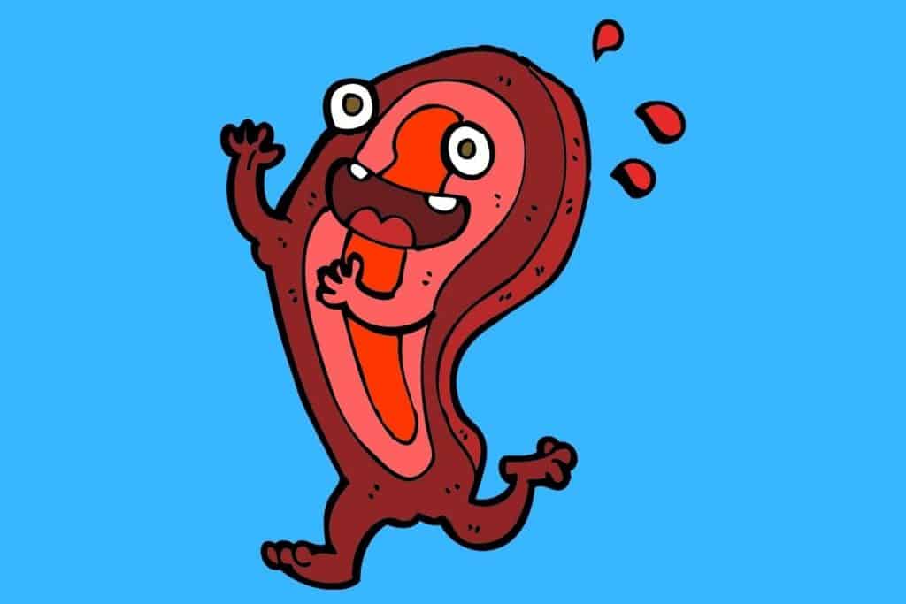 Cartoon graphic of a running and smiling piece of red meat on a blue background.