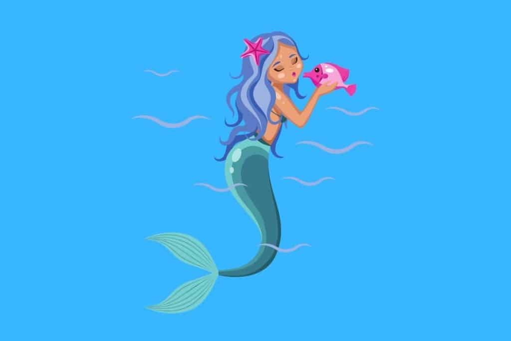 Cartoon graphic of a mermaid holding and about to kiss a pink fish on a blue background.