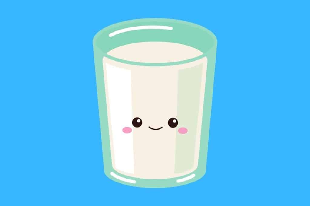 Cartoon graphic of a smiling glass filled with milk on a blue background.