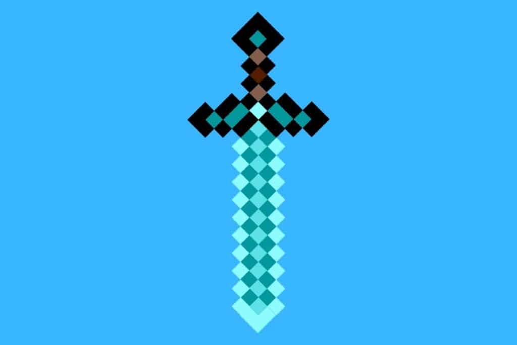 Cartoon graphic of a Minecraft diamond sword on a blue background.