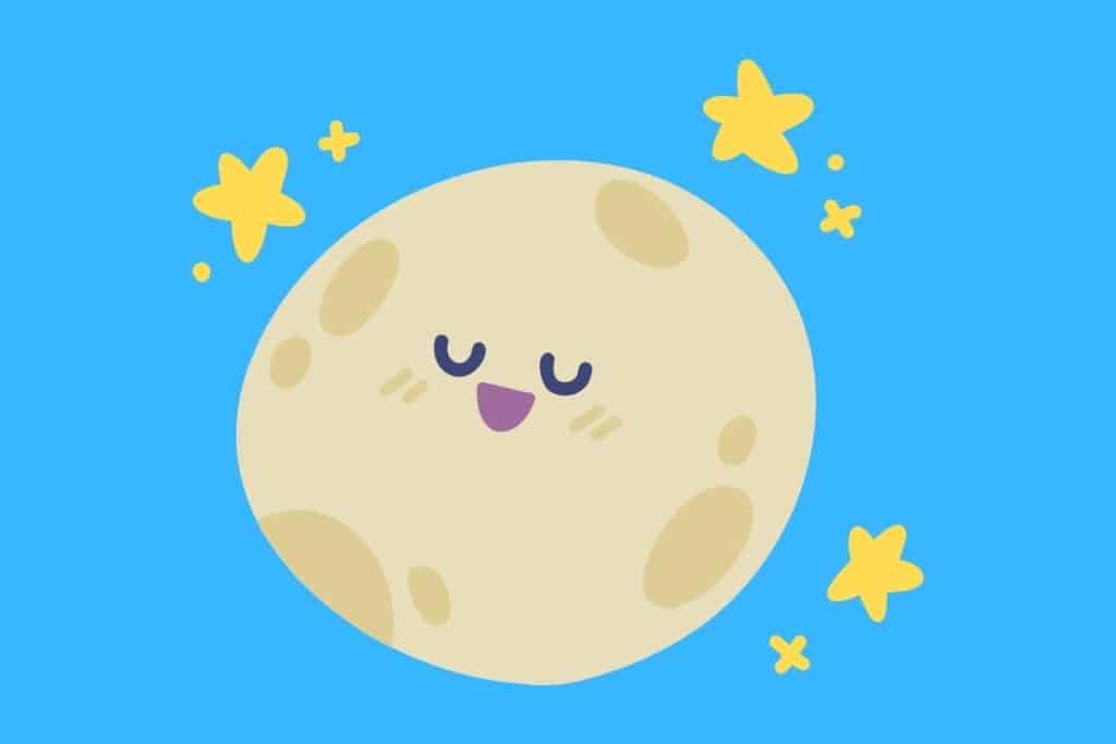 Cartoon graphic of a smiling moon with its eyes closed on a blue background.