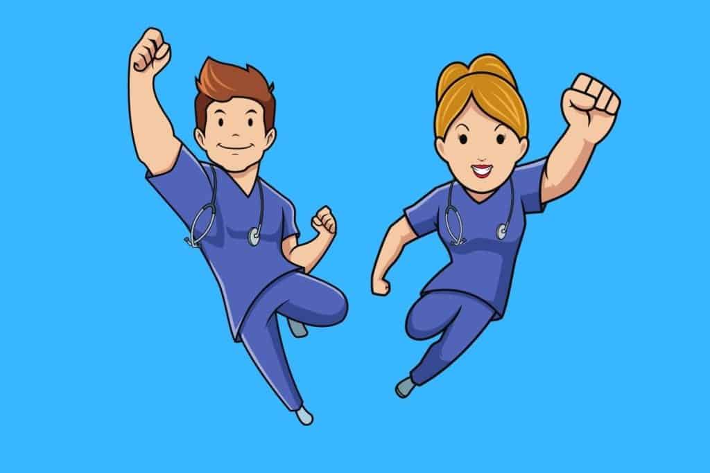 Cartoon graphic of a male and female nurse with hands up looking like super heroes on a blue background.