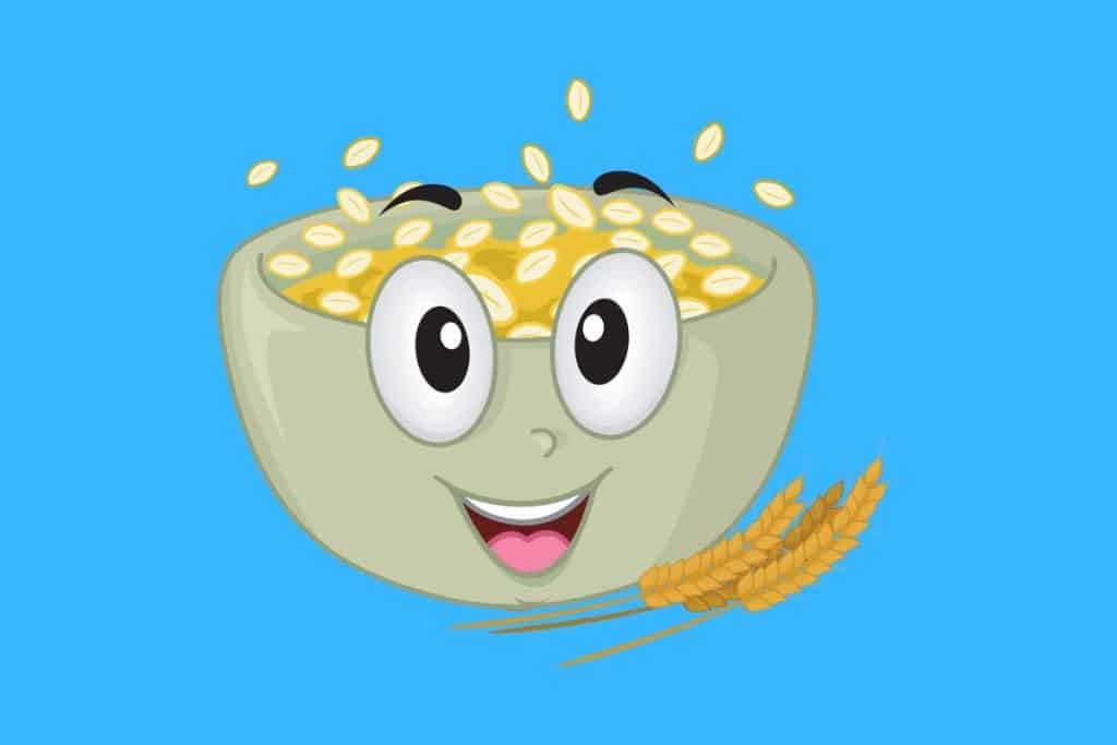 Cartoon graphic of a smiling bowl of oatmeal on a blue background.