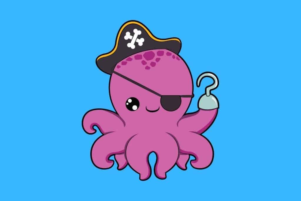 Cartoon graphic of a pirate octopus with a hook hand on a blue background.