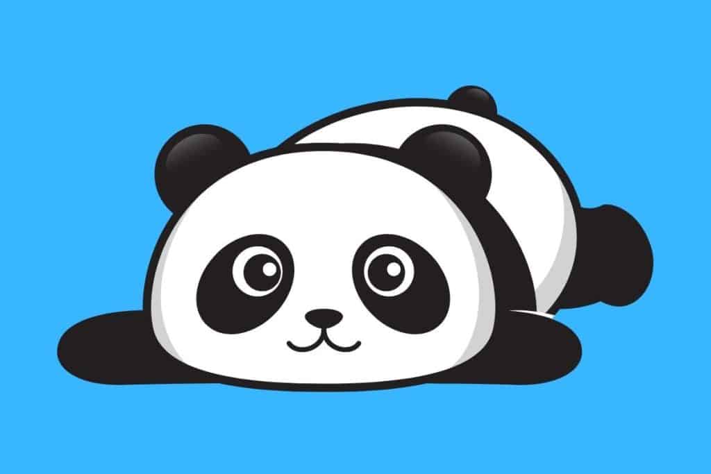 Cartoon graphic of a panda on its belly on a blue background.