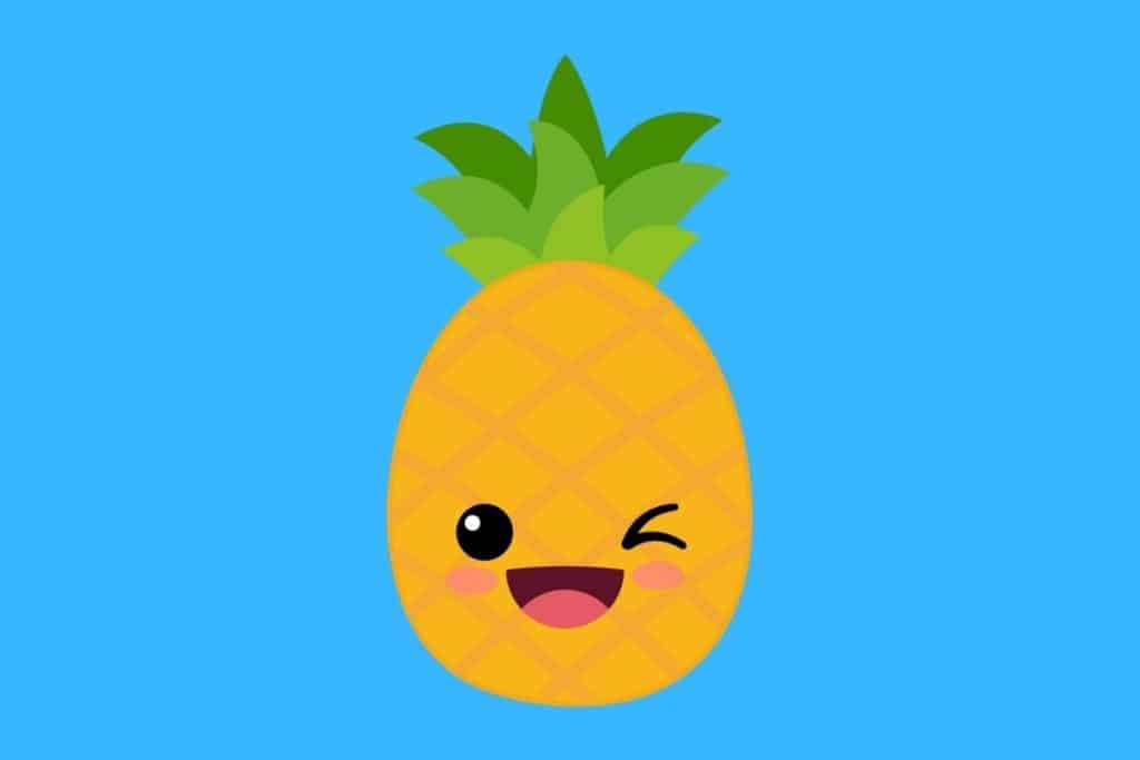 Cartoon graphic of a smiling and winking pineapple on a blue background.