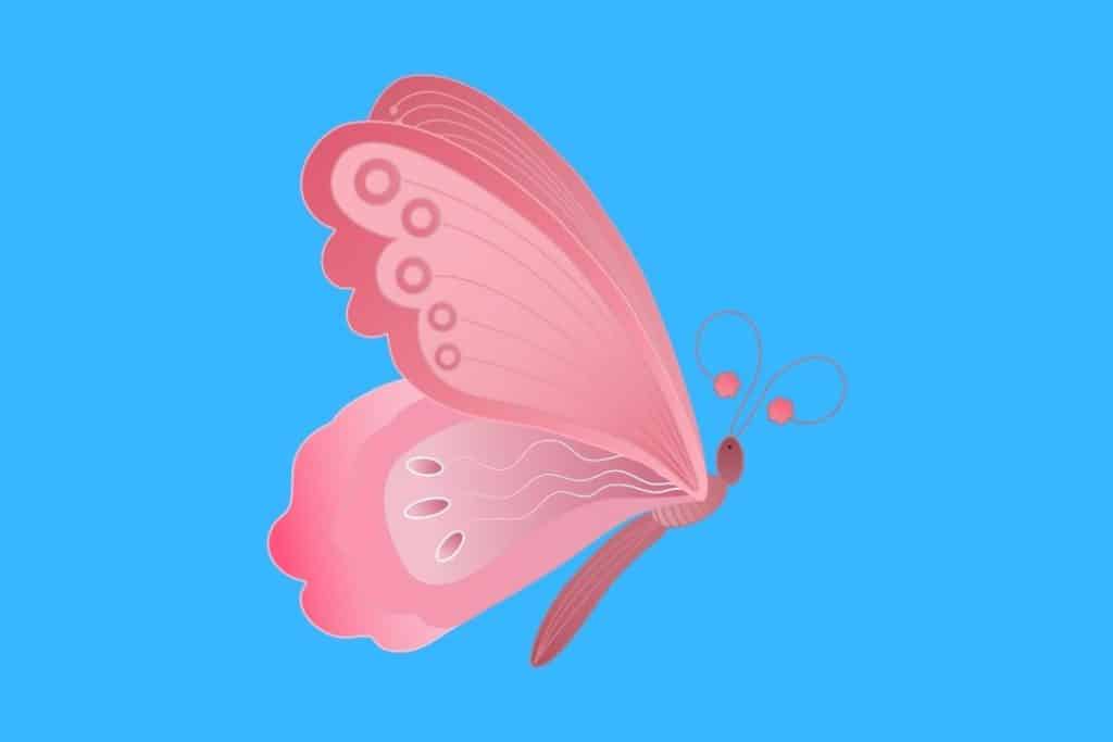 Cartoon graphic of a beautiful pink butterfly on a blue background.