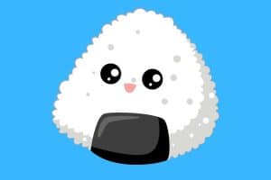 Cartoon graphic of smiling rice cake on a blue background.
