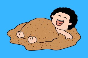 Cartoon graphic of a boy covering his body in the sand on the beach on a blue background.