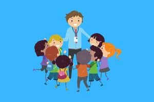 Cartoon graphic of students and teacher standing in a circle on a blue background.