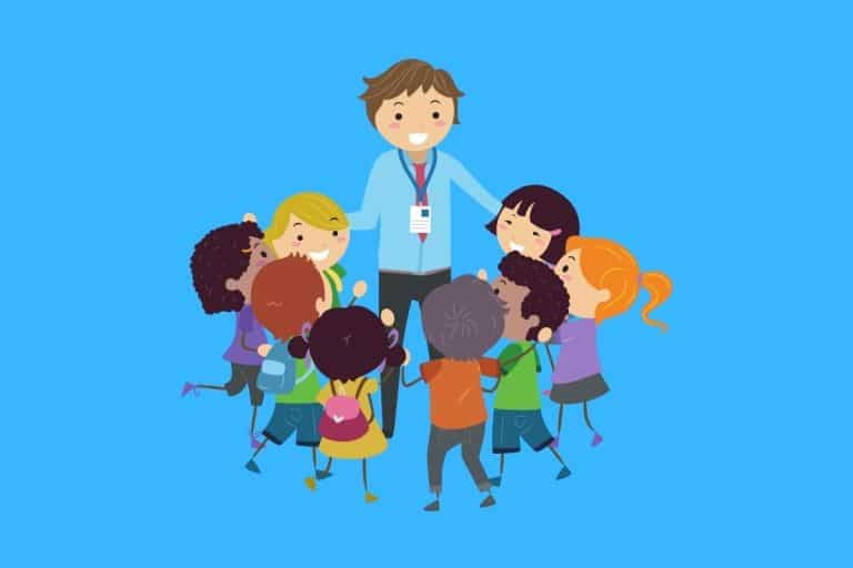 Cartoon graphic of students and teacher standing in a circle on a blue background.