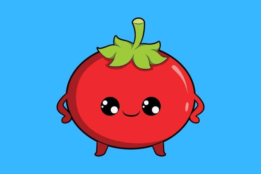 Cartoon graphic of a tomato smiling with hands on sides on a blue background.