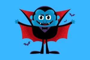 Cartoon graphic of an evil vampire with bats around him on a blue background.