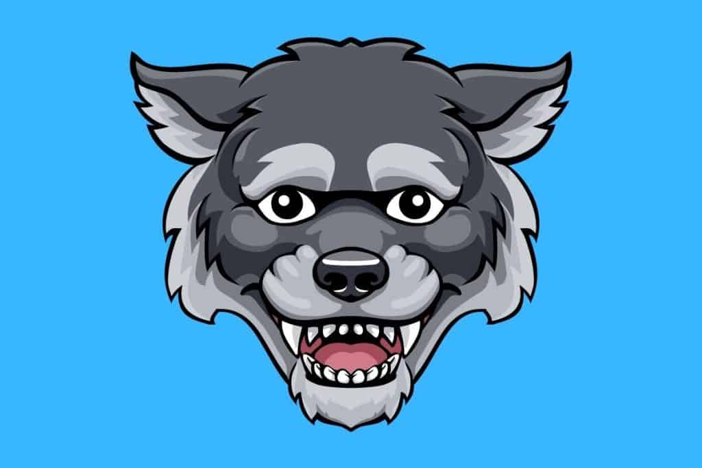 Cartoon graphic of a large wolfs head on a blue background.