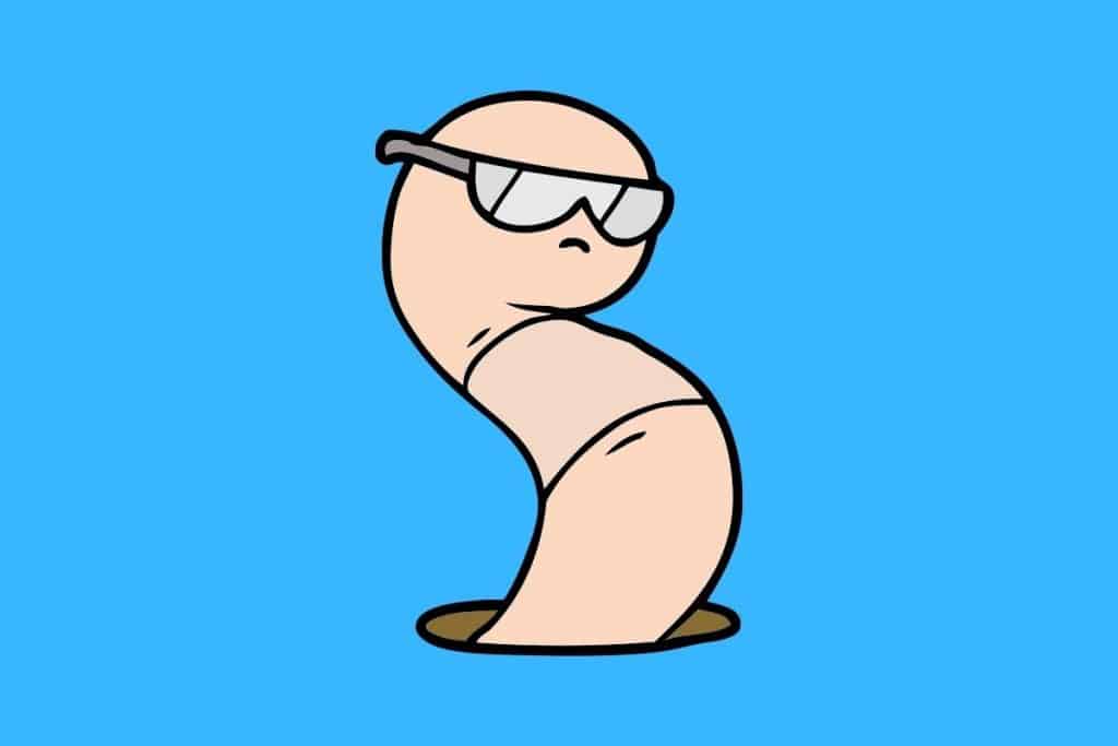 Cartoon graphic of a worm wearing sunglasses on a blue background.