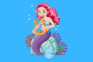 Cartoon graphic of a mermaid playing a small harp on a blue background.