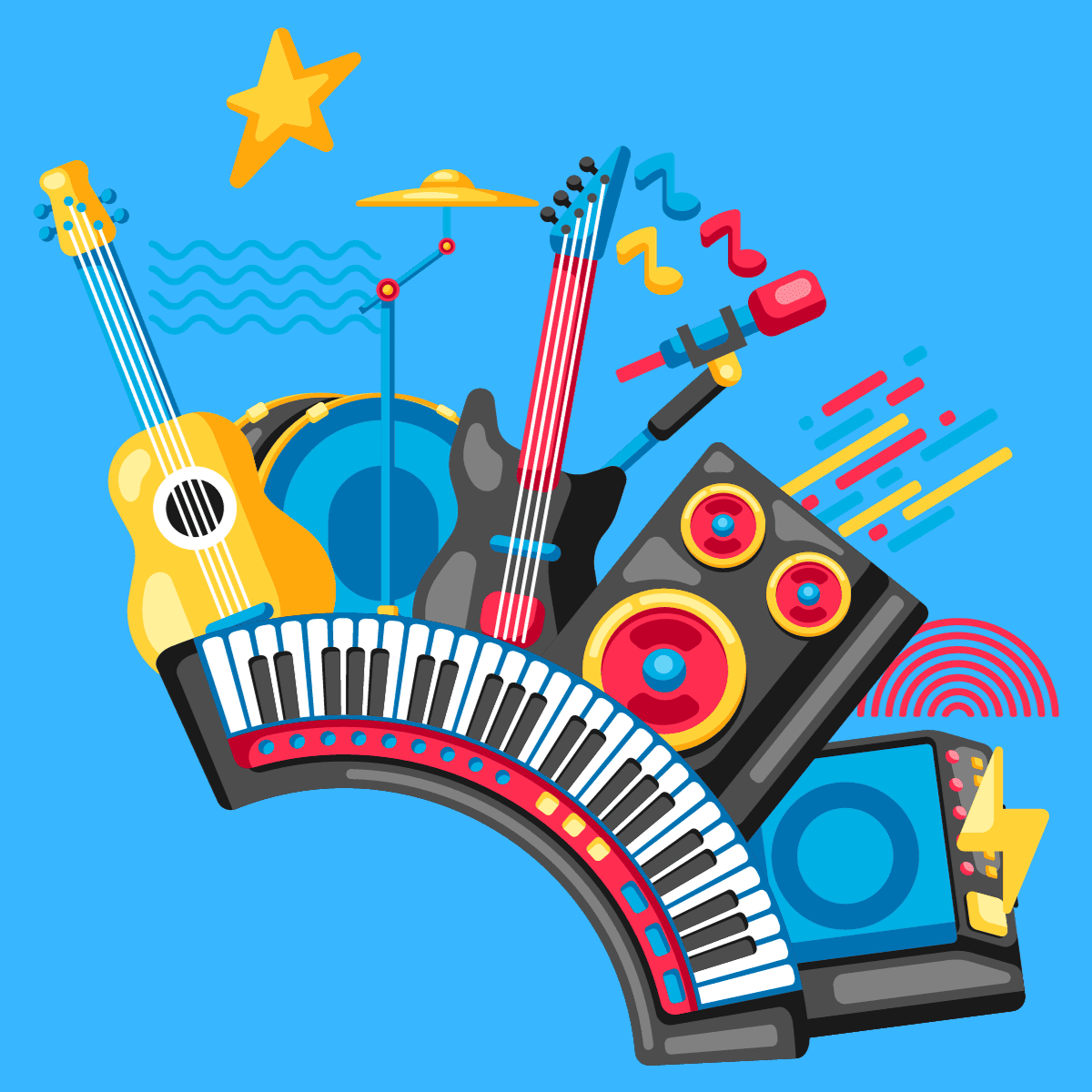 cartoon musical instruments on blue background.