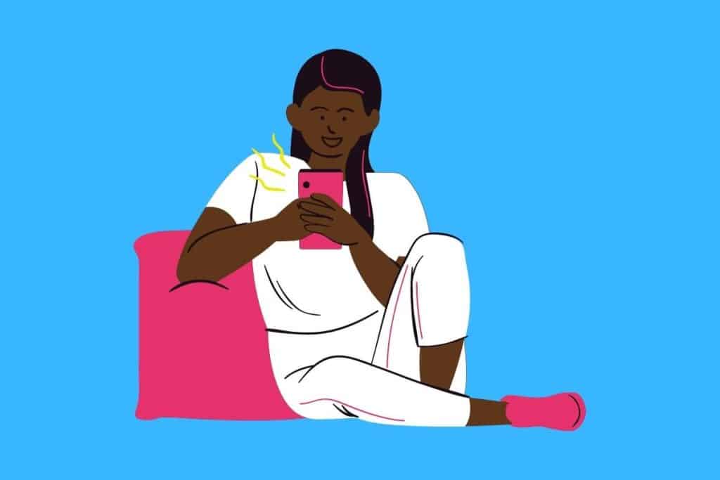 Cartoon graphic of a girl on her phone while sitting on a pink cushion on a blue background.