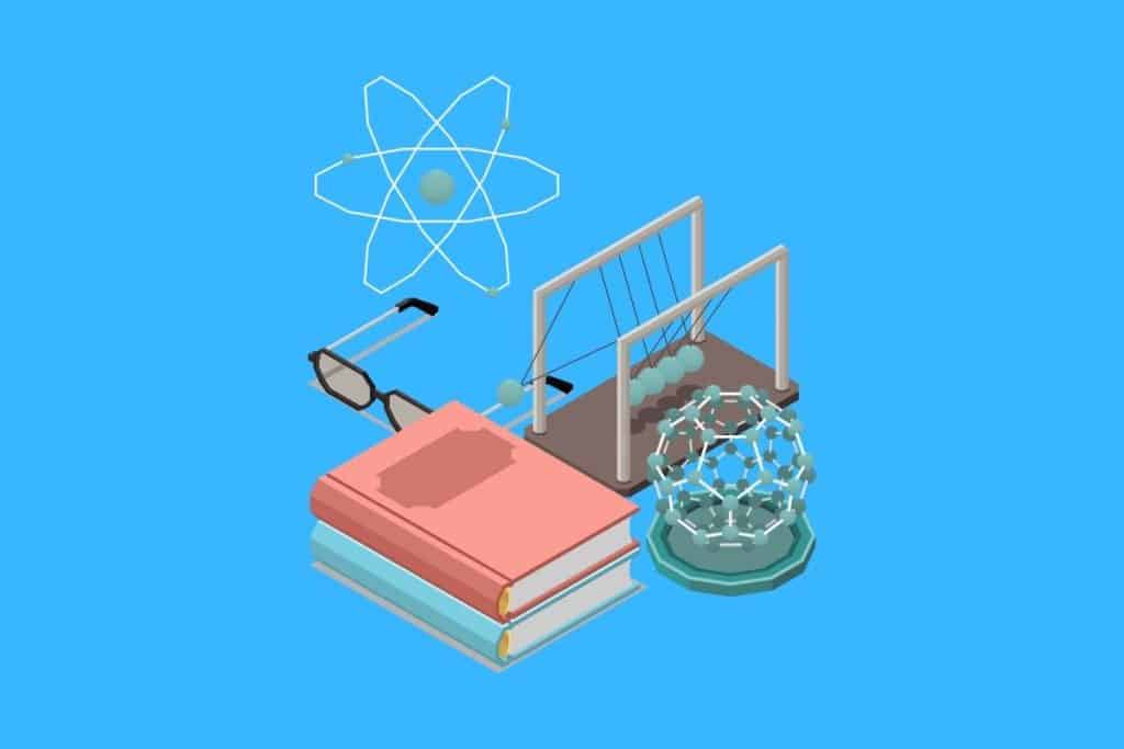 Cartoon graphic of a range of physics equipment and symbols on a blue background.