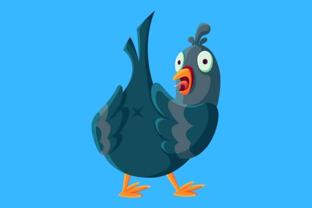 Cartoon graphic of the backside of a blue and grey pigeon on blue background.