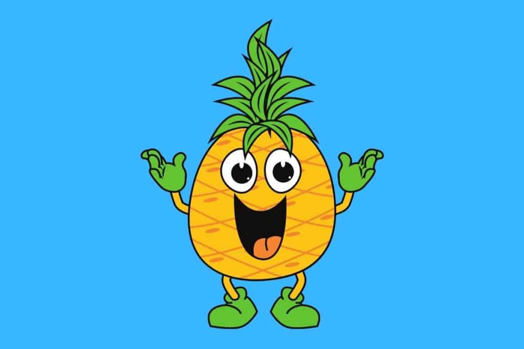 Cartoon graphic of a super happy pineapple on a blue background.