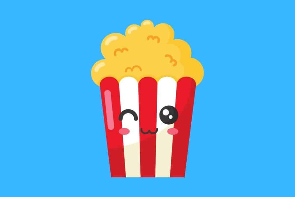 Cartoon graphic of a box of popcorn winking on blue background.