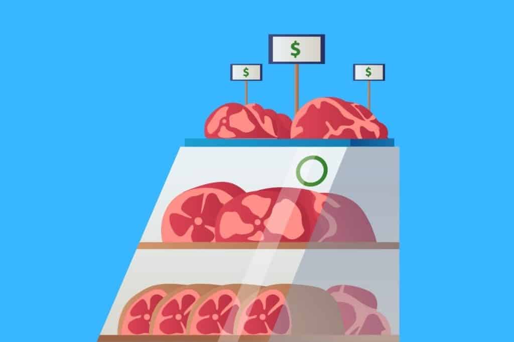 Cartoon graphic of a glass cabinet display of meat on blue background.