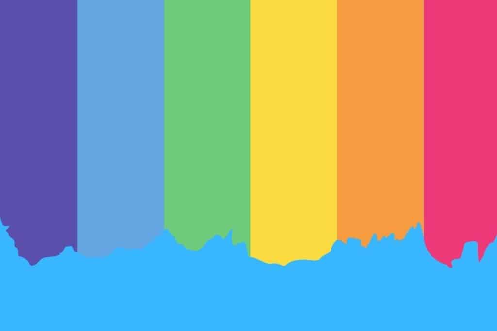 Cartoon graphic of rainbow colors coming down on blue background.