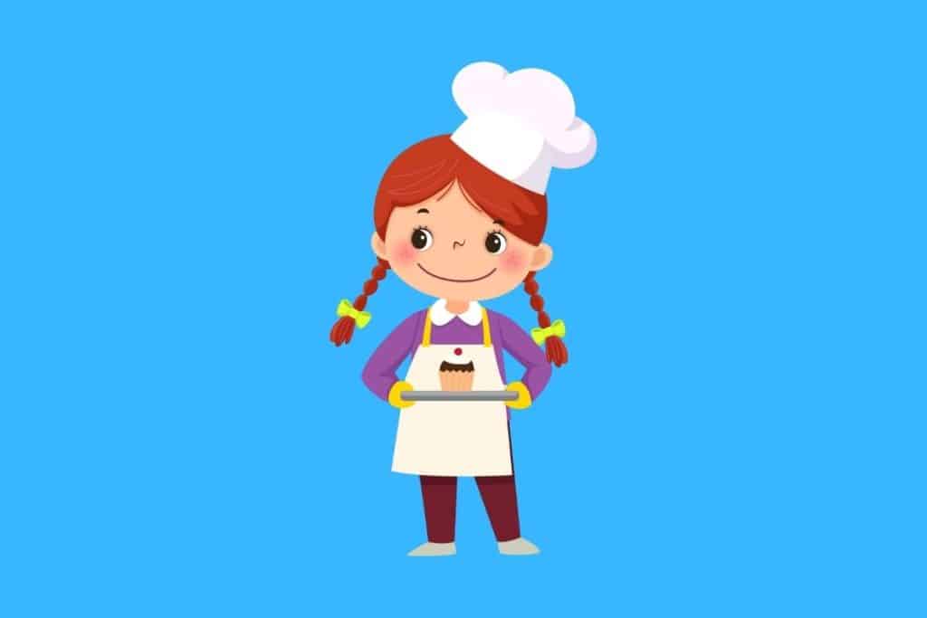 Cartoon graphic of a young girl baker holding a tray with one cupcake on a blue background.