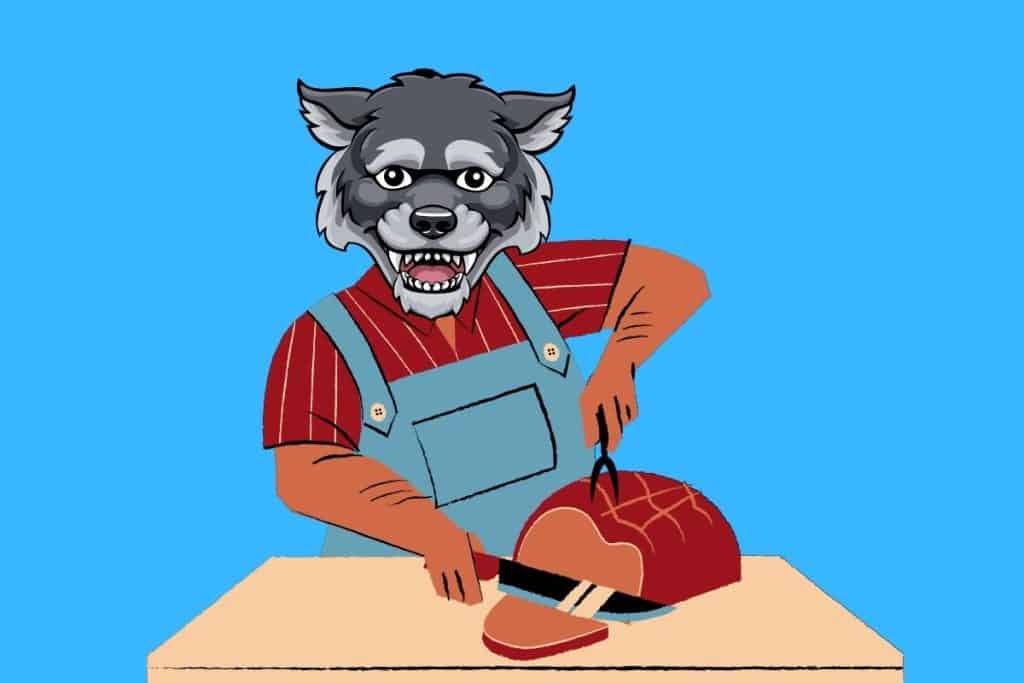 Cartoon graphic man with a wolf head slicing meat with a large knife of on a blue background.