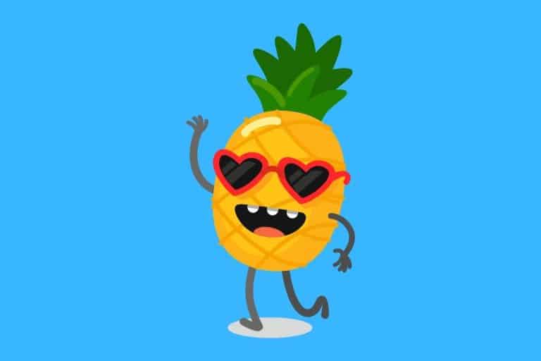 Cartoon graphic of a smiling pineapple wearing heart-shaped sunglasses on a blue background.