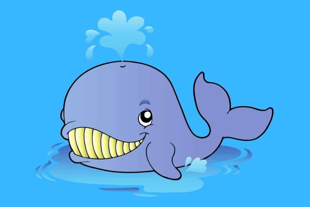 Cartoon graphic of a purple whale with water coming out its head on a blue background.