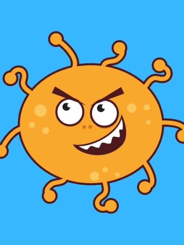 Cartoon graphic of a naughty-looking orange coronavirus on a blue background.